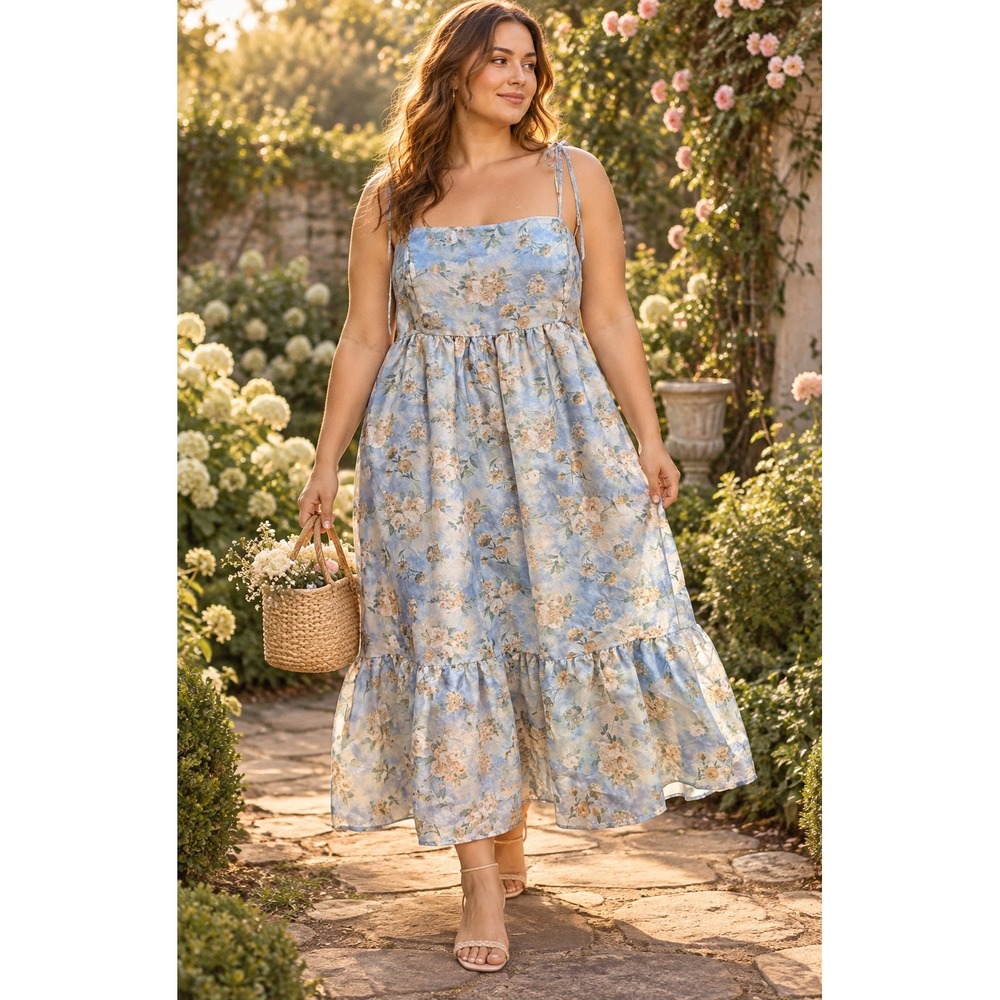 Wild Fable Blue Floral Tiered Midi Dress XL Boho Cottage Whimsical Prairie Fairy